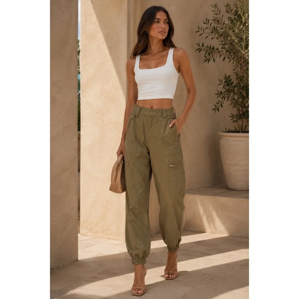 TNA‎ ARITZIA Tan Cargo Jogger Pants Zip Pockets WOMEN Small TWILL UTILITY
